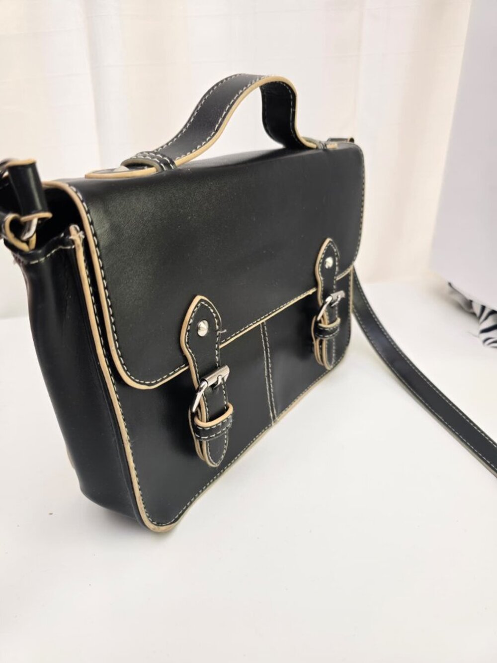 TOPSHOP Black Leather Satchel Bag – Adjustable Strap & Buckle Detail - Picture 4 of 17